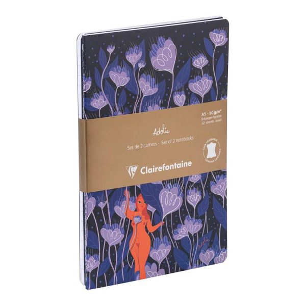 Adolie, Set de 2 carnets cousu fil A5 14,8&times;21 cm, 64 pages, lign&eacute;. Bloom. 1 carnet couverture cuir + 1 carnet couverture carte imprim&eacute;e, ass.