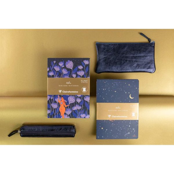 Adolie, Set de 2 carnets cousu fil A5 14,8&times;21 cm, 64 pages, lign&eacute;. Bloom. 1 carnet couverture cuir + 1 carnet couverture carte imprim&eacute;e, ass.