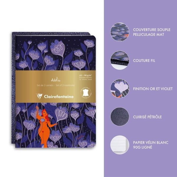 Adolie, Set de 2 carnets cousu fil A5 14,8&times;21 cm, 64 pages, lign&eacute;. Bloom. 1 carnet couverture cuir + 1 carnet couverture carte imprim&eacute;e, ass.