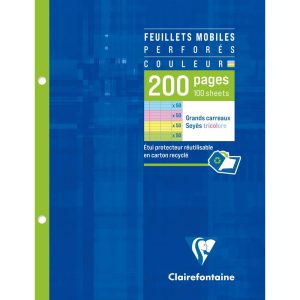 Feuillets mobiles couleur sous &eacute;tui 17x22 cm 200 pages perfor&eacute;s grands carreaux papier Couleur al&eacute;atoire 50 pages bleues, 50 pages rose, 50 pages vertes, 50 pages jaunes
