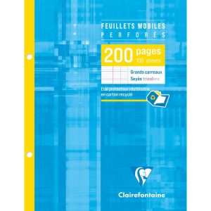 Feuillets mobiles sous &eacute;tui 17x22 cm 200 pages perfor&eacute;es 2 trous grands carreaux