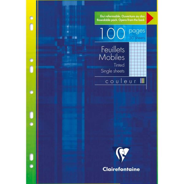 Feuillets mobiles de couleur sous &eacute;tui A4 100 pages perfor&eacute;es petits carreaux