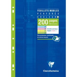 Feuillets mobiles de couleur sous &eacute;tui A4 200 pages perfor&eacute;es grands carreaux