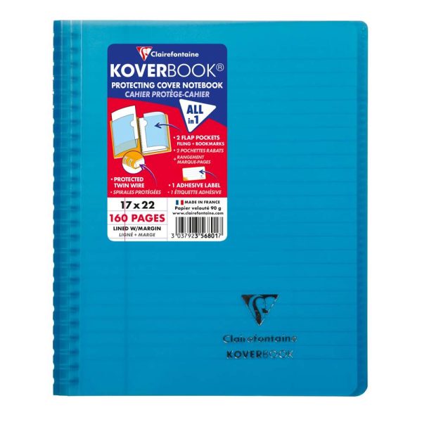 Cahier reliure int&eacute;grale enveloppante Koverbook 17x22cm 160 pages lign&eacute; + marge couverture polypropyl&egrave;ne transparent