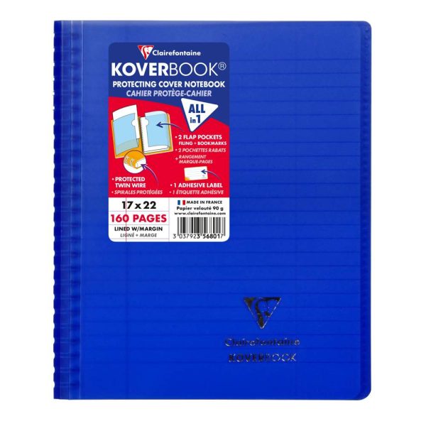 Cahier reliure int&eacute;grale enveloppante Koverbook 17x22cm 160 pages lign&eacute; + marge couverture polypropyl&egrave;ne transparent