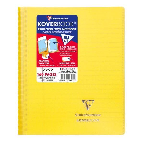 Cahier reliure int&eacute;grale enveloppante Koverbook 17x22cm 160 pages lign&eacute; + marge couverture polypropyl&egrave;ne transparent