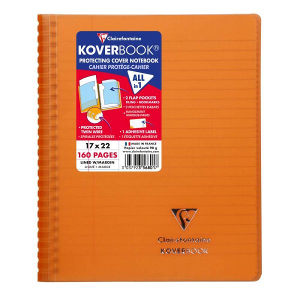 Cahier reliure int&eacute;grale enveloppante Koverbook 17x22cm 160 pages lign&eacute; + marge couverture polypropyl&egrave;ne transparent