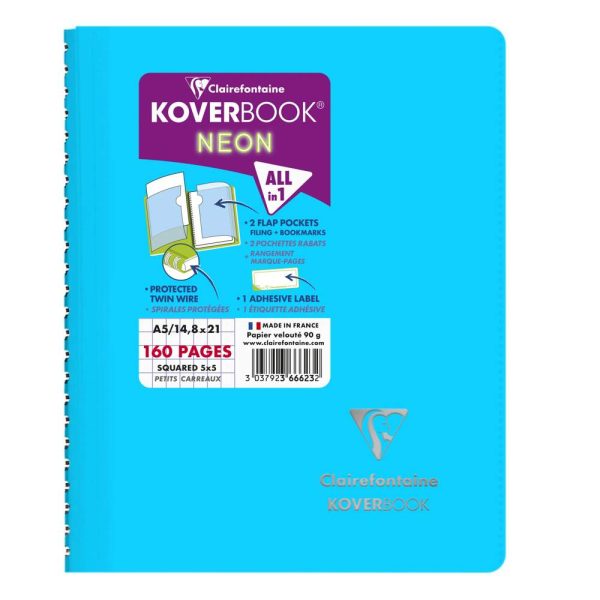 Carnet reliure int&eacute;grale enveloppante Koverbook Neon A5 160 pages petits carreaux couverture polypropyl&egrave;ne opaque