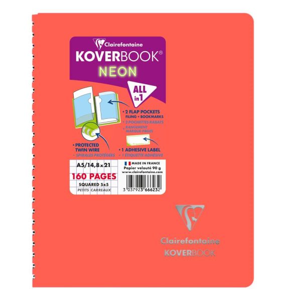 Carnet reliure int&eacute;grale enveloppante Koverbook Neon A5 160 pages petits carreaux couverture polypropyl&egrave;ne opaque