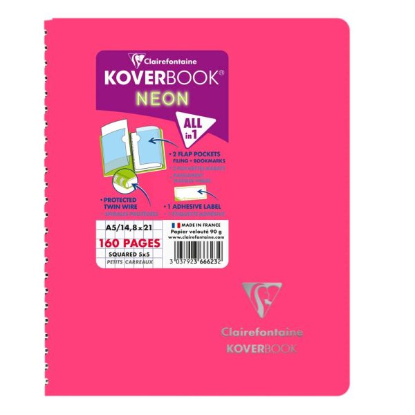 Carnet reliure int&eacute;grale enveloppante Koverbook Neon A5 160 pages petits carreaux couverture polypropyl&egrave;ne opaque