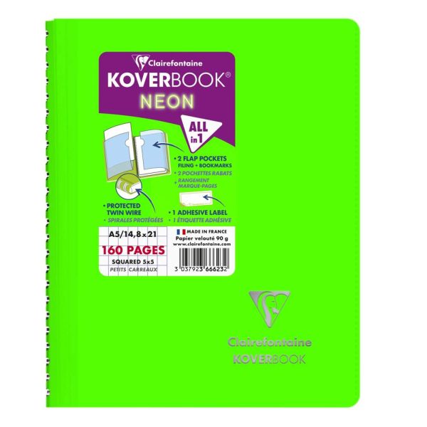 Carnet reliure int&eacute;grale enveloppante Koverbook Neon A5 160 pages petits carreaux couverture polypropyl&egrave;ne opaque