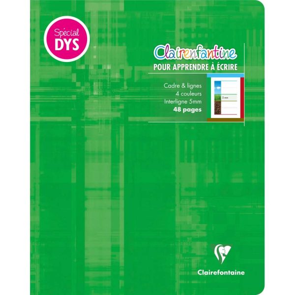 Cahier d&rsquo;&eacute;criture piqu&eacute; sp&eacute;cial Dys 17&times;22 cm 48 pages cadre et lignes 4 couleurs Interligne 5 mm