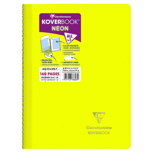 Cahier reliure int&eacute;grale enveloppante Koverbook Neon A4 160 pages petits carreaux + marge couverture polypropyl&egrave;ne opaque