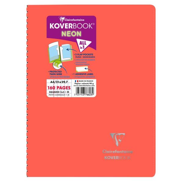 Cahier reliure int&eacute;grale enveloppante Koverbook Neon A4 160 pages petits carreaux + marge couverture polypropyl&egrave;ne opaque