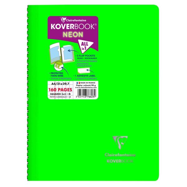 Cahier reliure int&eacute;grale enveloppante Koverbook Neon A4 160 pages petits carreaux + marge couverture polypropyl&egrave;ne opaque