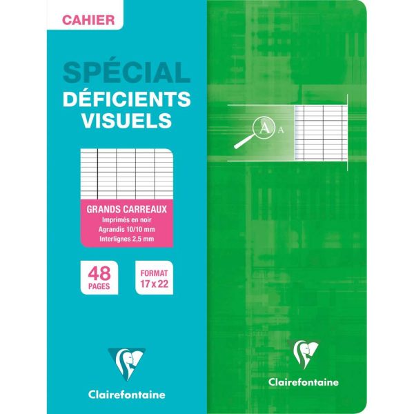 Cahier piqu&eacute; d&eacute;ficients visuels 17&times;22 cm 48 pages grands carreaux 2 ,5mm agrandis 10&times;10