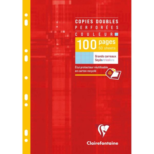 Copies doubles de couleur sous &eacute;tui A4 100 pages perfor&eacute;es grands carreaux