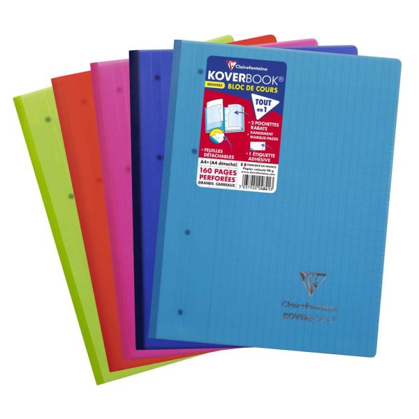 Bloc de cours agraf&eacute; grand c&ocirc;t&eacute; Koverbook A4+ 160 pages d&eacute;tachables perfor&eacute; 4 trous grands carreaux couverture polypropyl&egrave;ne transparent