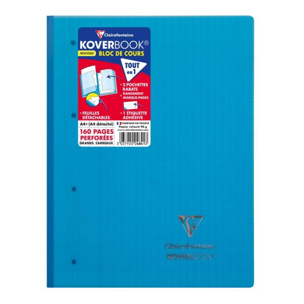 Bloc de cours agraf&eacute; grand c&ocirc;t&eacute; Koverbook A4+ 160 pages d&eacute;tachables perfor&eacute; 4 trous grands carreaux couverture polypropyl&egrave;ne transparent