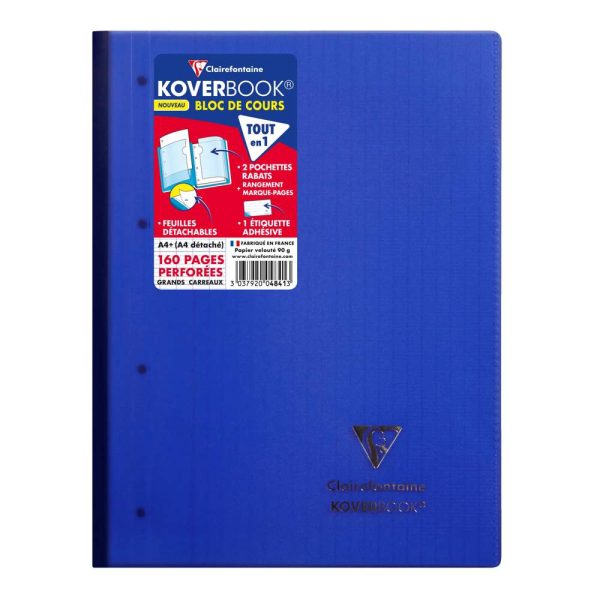 Bloc de cours agraf&eacute; grand c&ocirc;t&eacute; Koverbook A4+ 160 pages d&eacute;tachables perfor&eacute; 4 trous grands carreaux couverture polypropyl&egrave;ne transparent