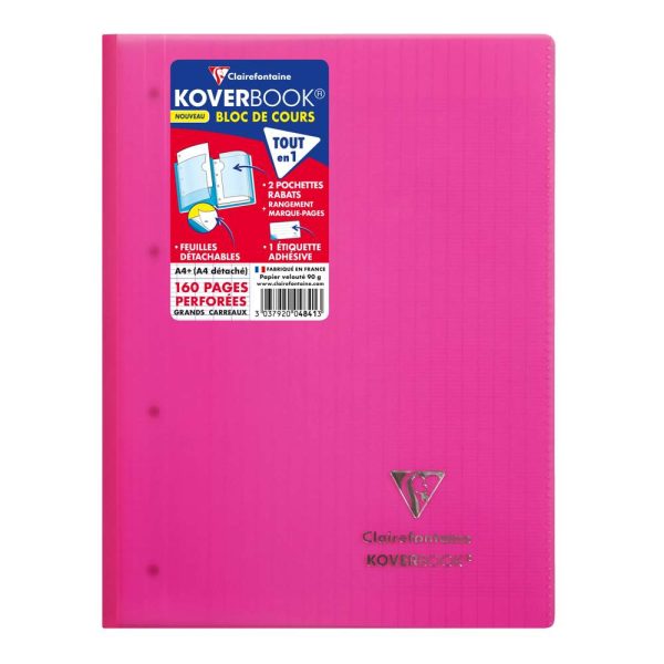 Bloc de cours agraf&eacute; grand c&ocirc;t&eacute; Koverbook A4+ 160 pages d&eacute;tachables perfor&eacute; 4 trous grands carreaux couverture polypropyl&egrave;ne transparent