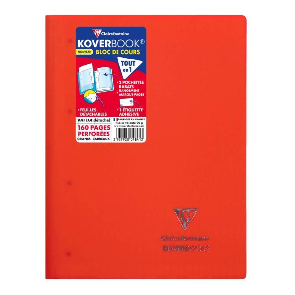 Bloc de cours agraf&eacute; grand c&ocirc;t&eacute; Koverbook A4+ 160 pages d&eacute;tachables perfor&eacute; 4 trous grands carreaux couverture polypropyl&egrave;ne transparent
