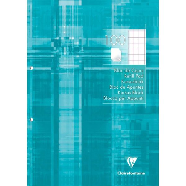 Bloc de cours encoll&eacute; grand c&ocirc;t&eacute; A4 200 pages d&eacute;tachables perfor&eacute;es 2 trous quadrill&eacute; 10&times;10 + marge