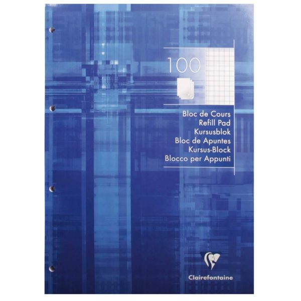 Bloc de cours encoll&eacute; grand c&ocirc;t&eacute; A4 200 pages d&eacute;tachables perfor&eacute;es 4 trous petits carreaux