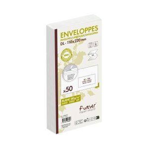 Paquet de 50 Enveloppes Forever 100% Recycl&eacute; DL-110x220mm 80g Auto-Adh&eacute;sives - 80g/m2 - Fen&ecirc;tre Papier Cristal 45x100 (position 20/20)