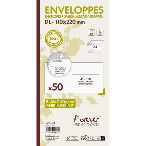 Paquet de 50 Enveloppes Forever 100% Recycl&eacute; DL-110x220mm 80g Auto-Adh&eacute;sives &ndash; 80g/m2 &ndash; Fen&ecirc;tre Papier Cristal 45&times;100 (position 20/20)