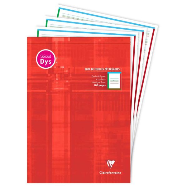 Bloc d&rsquo;&eacute;criture sp&eacute;cial Dys encoll&eacute; en-t&ecirc;te A4 100 pages d&eacute;tachables cadre et lignes 4 couleurs Interligne 2 mm