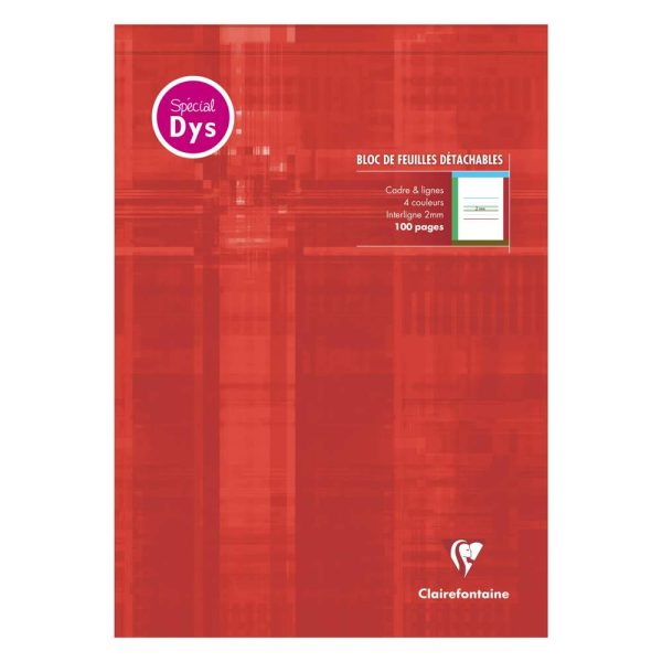 Bloc d&rsquo;&eacute;criture sp&eacute;cial Dys encoll&eacute; en-t&ecirc;te A4 100 pages d&eacute;tachables cadre et lignes 4 couleurs Interligne 2 mm