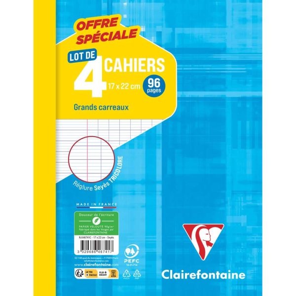 Cahier piqu&eacute; 17x22cm 96 pages grands carreaux Couleurs assorties
