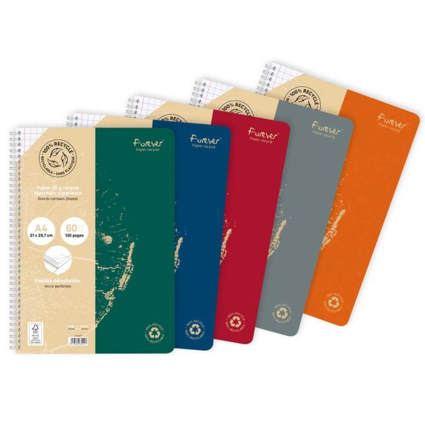 Cahier reliure int&eacute;grale FOREVER PREMIUM 100% recycl&eacute; A4 120 pages d&eacute;tachables micro-perfor&eacute;es grands carreaux papier blanc 90 g
