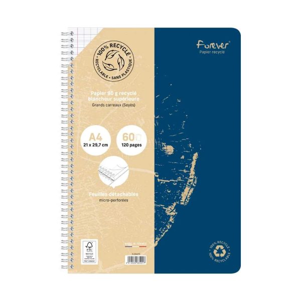 Cahier reliure int&eacute;grale FOREVER PREMIUM 100% recycl&eacute; A4 120 pages d&eacute;tachables micro-perfor&eacute;es grands carreaux papier blanc 90 g