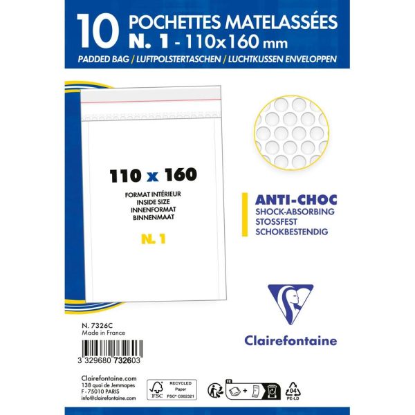 Paquet de 10 Pochettes Blanches Matelass&eacute;es de Film &agrave; Bulles 110&times;160 mm &ndash; Auto-adh&eacute;sives