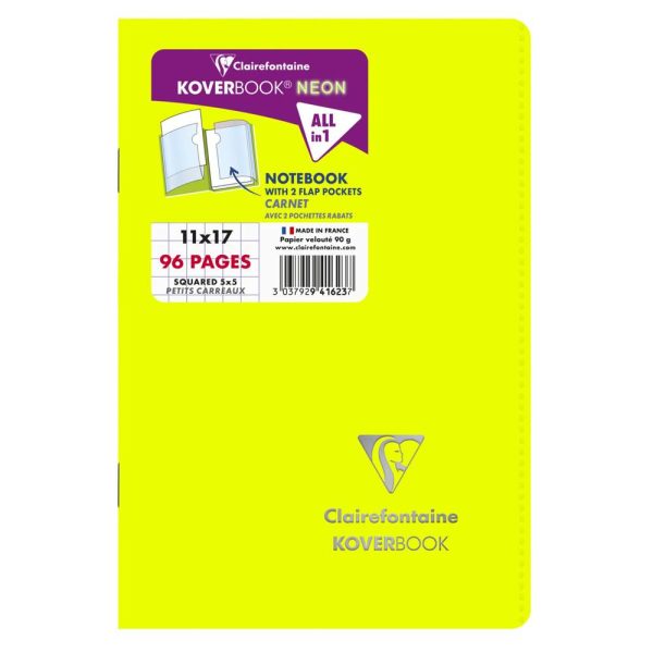Carnet piqu&eacute; Koverbook Neon 11x17cm 96 pages petits carreaux couverture polypropyl&egrave;ne opaque