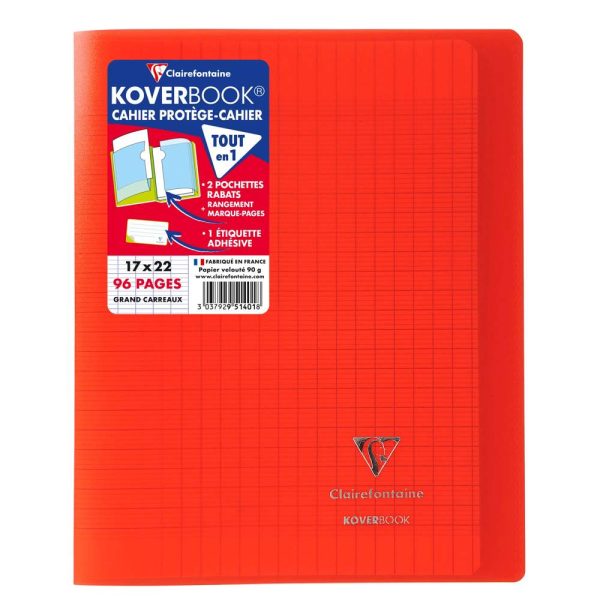 Cahier piqu&eacute; Koverbook 17x22cm 96 pages grands carreaux couverture polypropyl&egrave;ne transparent