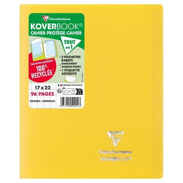 Cahier piqu&eacute; Koverbook 17&times;22 cm 96 pages grands carreaux couverture polypropyl&egrave;ne opaque 100% recycl&eacute;