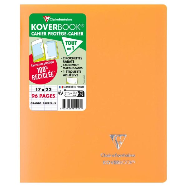 Cahier piqu&eacute; Koverbook 17&times;22 cm 96 pages grands carreaux couverture polypropyl&egrave;ne opaque 100% recycl&eacute;