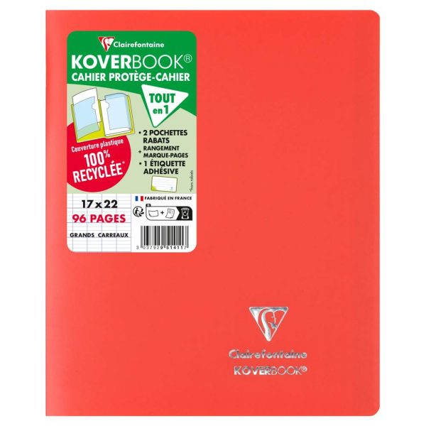 Cahier piqu&eacute; Koverbook 17&times;22 cm 96 pages grands carreaux couverture polypropyl&egrave;ne opaque 100% recycl&eacute;