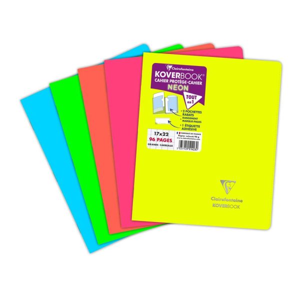 Cahier piqu&eacute; Koverbook Neon 17x22cm 96 pages grands carreaux couverture polypropyl&egrave;ne opaque