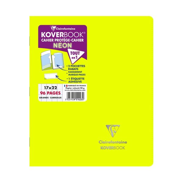 Cahier piqu&eacute; Koverbook Neon 17x22cm 96 pages grands carreaux couverture polypropyl&egrave;ne opaque