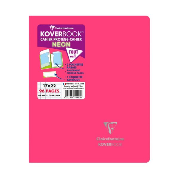 Cahier piqu&eacute; Koverbook Neon 17x22cm 96 pages grands carreaux couverture polypropyl&egrave;ne opaque