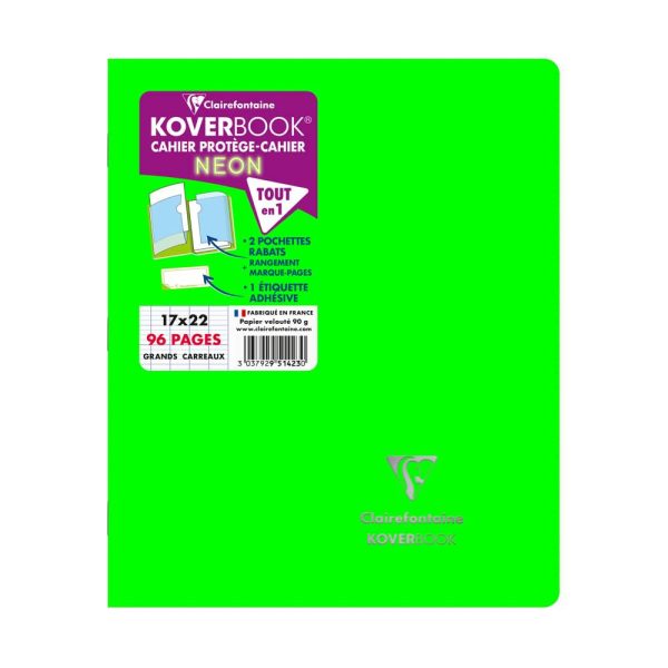 Cahier piqu&eacute; Koverbook Neon 17x22cm 96 pages grands carreaux couverture polypropyl&egrave;ne opaque