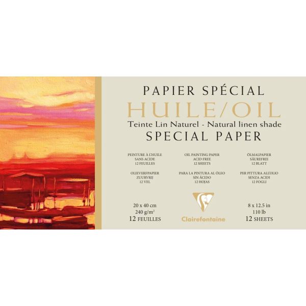 Papier Huile lin naturel bloc coll&eacute; 1 c&ocirc;t&eacute; 12F 20x40cm 240g