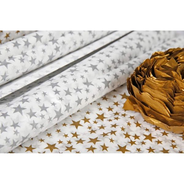 PAPIER DE SOIE IMPRIM&Eacute;E, Sachet de 4 feuilles au format 50x75cm &ndash; Etoiles argent&eacute;es