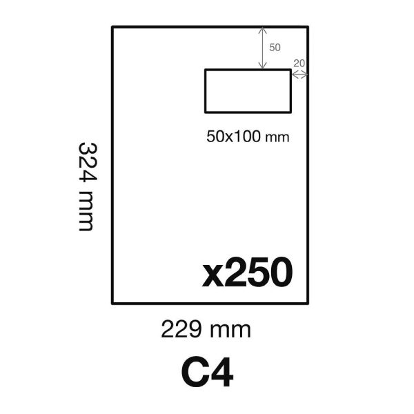 Boite de 250 Pochettes Blanches C4-229&times;324 mm &ndash; Auto-Adh&eacute;sives -120g/m2- Fen&ecirc;tre Papier Cristal 50&times;100 (position 50/20)