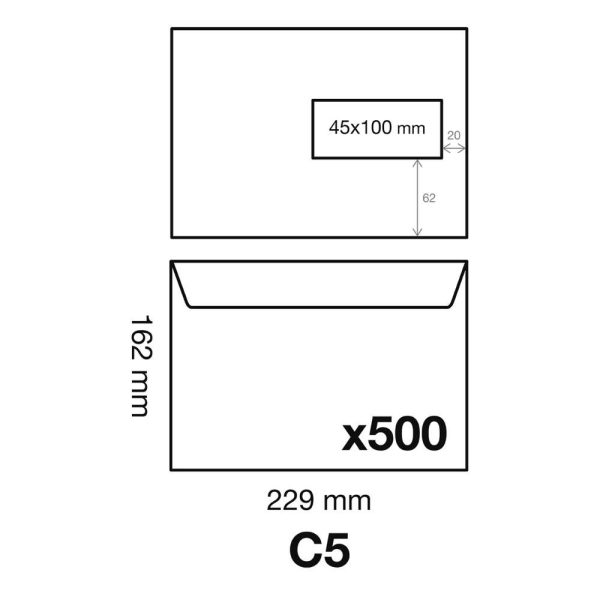 Boite de 500 Enveloppes Blanches C5-162x229mm &ndash; Auto-Adh&eacute;sives &ndash; 90g/m2 &ndash; Fen&ecirc;tre Papier Cristal 45&times;100 (position 62/20)