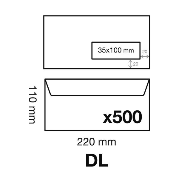 Boite de 500 Enveloppes Blanches DL-110x220mm &ndash; Auto-Adh&eacute;sives &ndash; 80g/m2 &ndash; Fen&ecirc;tre Papier Cristal 35&times;100 (position 20/20)